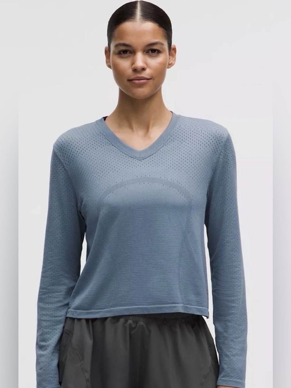 Lululemon Swiftly Open-Hole V-Neck Long Sleeve Shirt Steel Blue Size 14 NWT